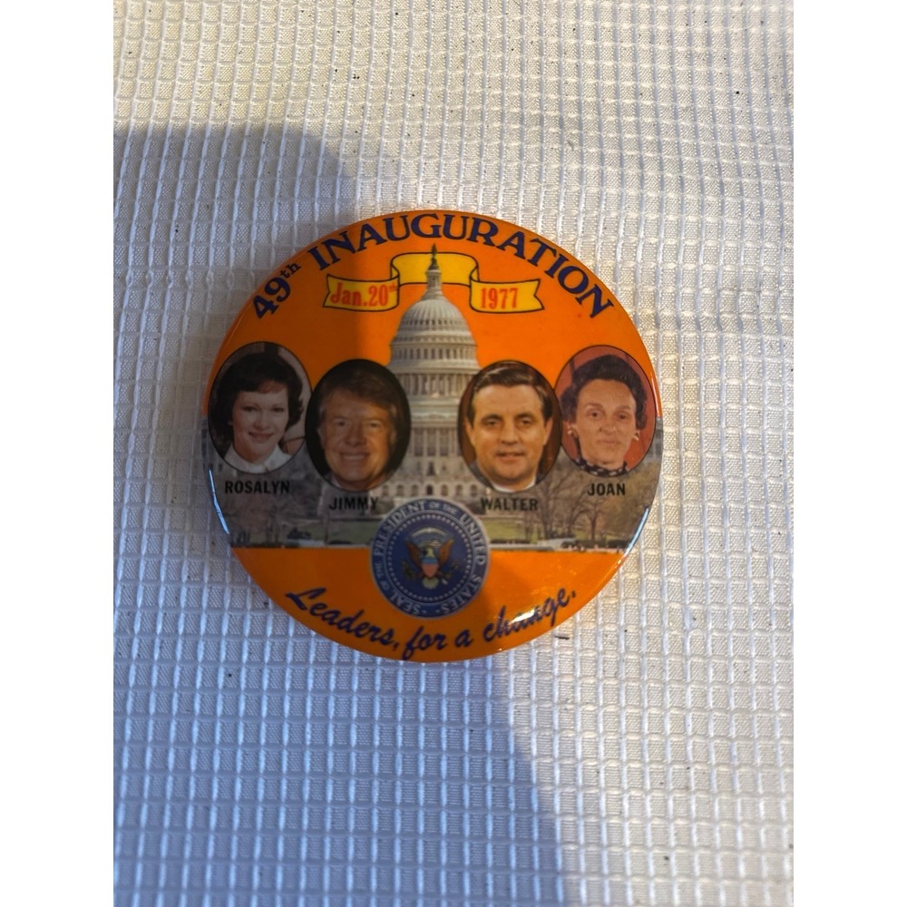Vintage 1977 Jimmy Carter Walter Mondale 49th Inauguration Pinback Button Orange